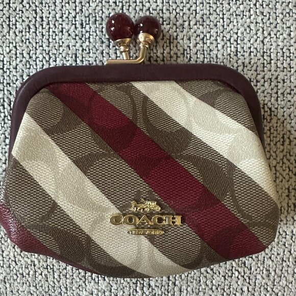 Coach Cherry Kisslock Coin Purse Small Pouch Signature Brown/Cream/Maroon - Picture 1 of 6